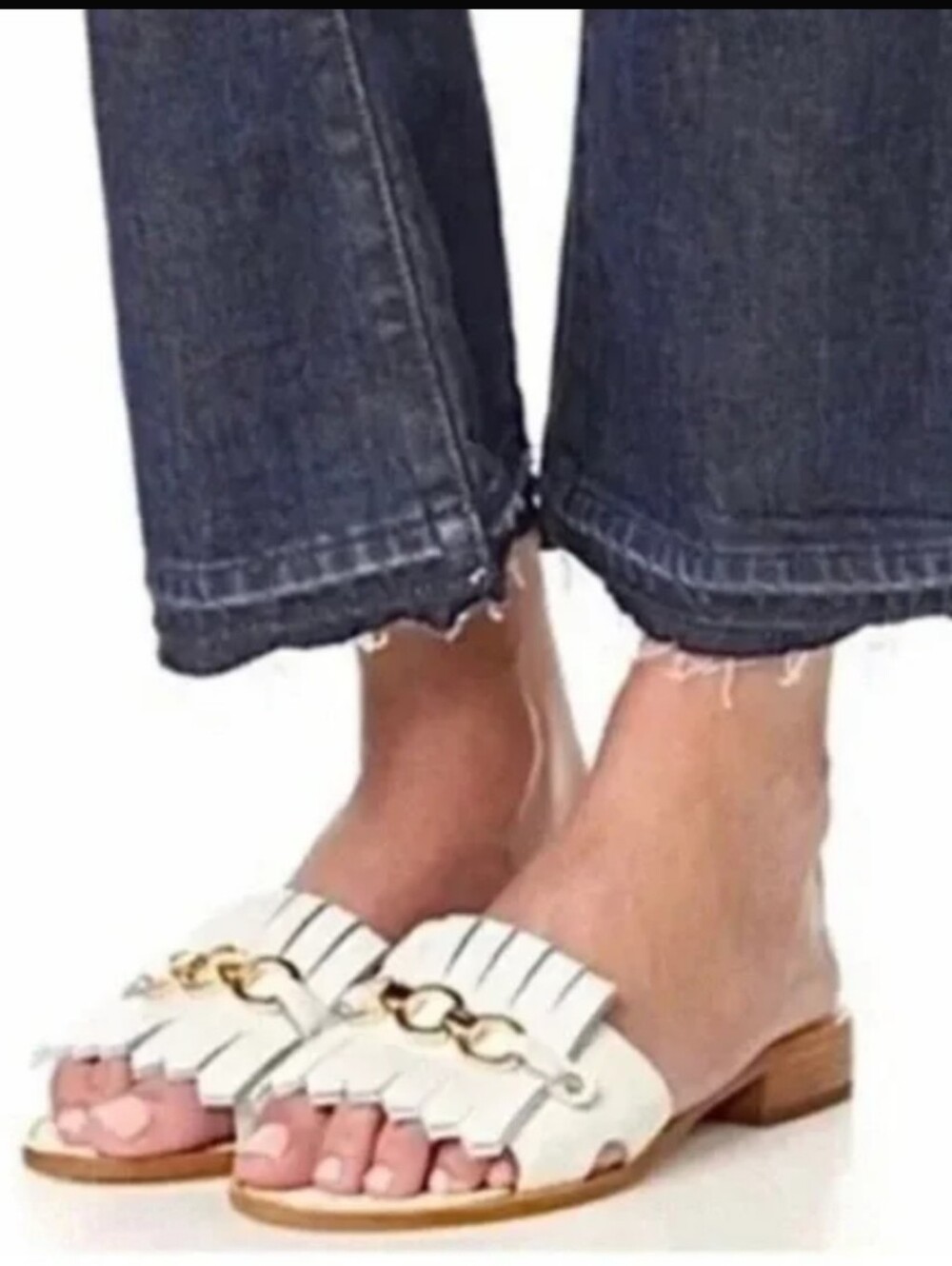 Kate Spade White Brie Leather Fringe Gold Chain Link Flats Slide Sandals